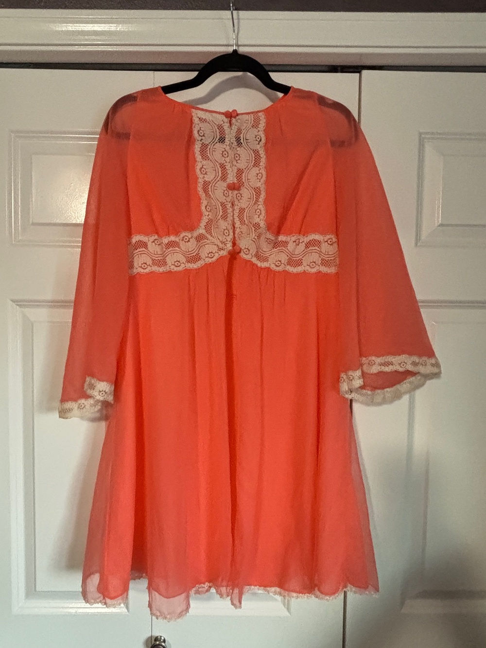 70s Vintage Coral Lace-Trim Sheer Nightgown